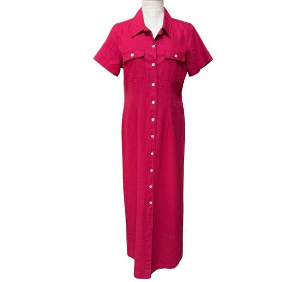 Vintage Womens Red Maroon Linen Blend Buttons Down Short Sleeve Maxi Dress Sz. M - Picture 1 of 14